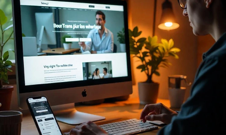 Persona trabajando en el diseño de un sitio web en una computadora de escritorio, con ambiente cálido y moderno, y dispositivos sincronizados. Diseño Web – SZ Web Design.