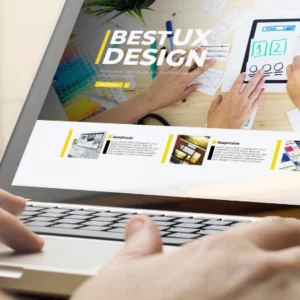 Laptop sobre escritorio mostrando un mensaje sobre diseño web minimalista.