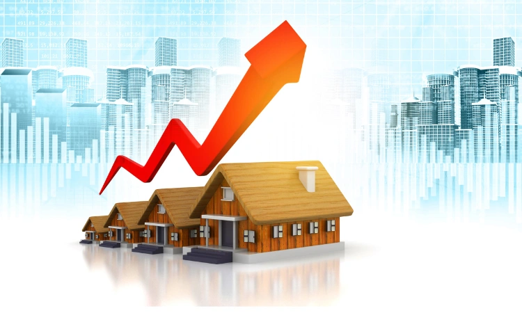 Flecha de crecimiento sobre casas en miniatura representando el aumento del mercado inmobiliario.