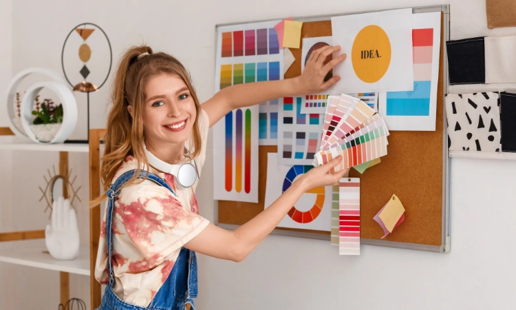 Diseñadora gráfica eligiendo paletas de colores para un proyecto creativo.