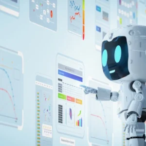 Robot inteligente analizando gráficos y datos digitales con inteligencia artificial.