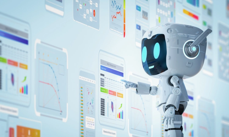 Robot inteligente analizando gráficos y datos digitales con inteligencia artificial.