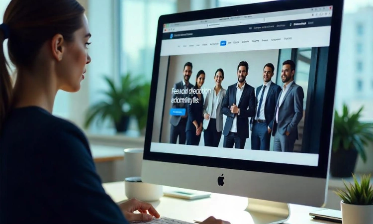 Mujer frente a iMac visualizando sitio web corporativo profesional.
