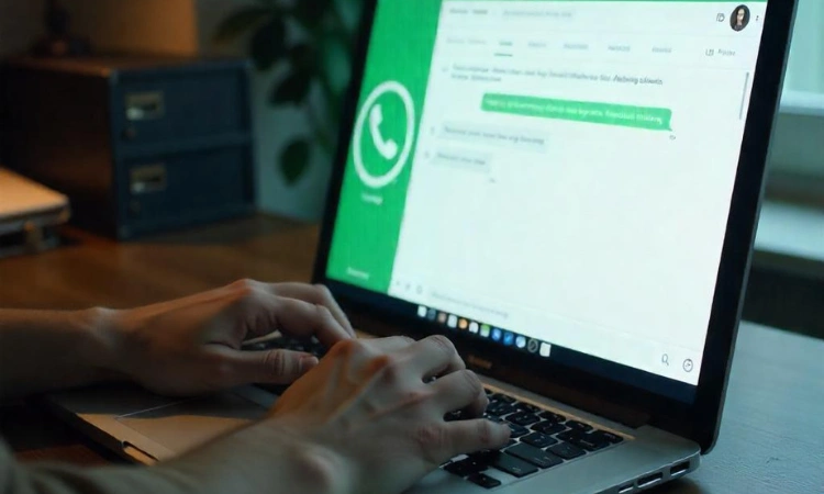 Persona escribiendo mensajes desde WhatsApp Web en una computadora portátil.