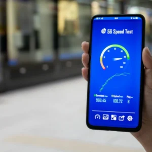 Test de velocidad 5G en un smartphone con resultados de descarga y carga.