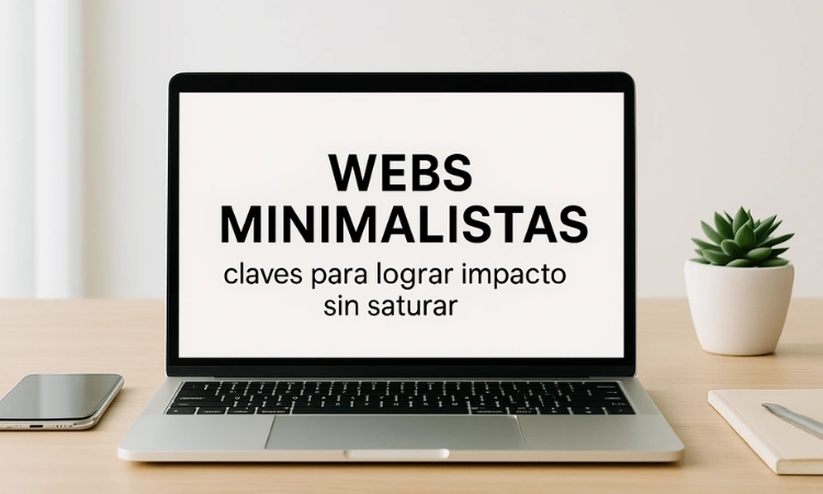 Laptop con mensaje sobre diseño web minimalista en un escritorio limpio.