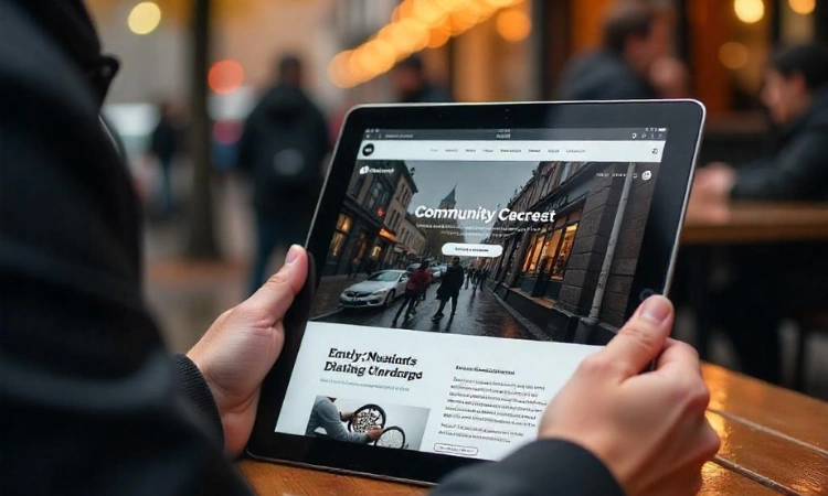 Hombre usando tablet para navegar un sitio web moderno de comunidad urbana.