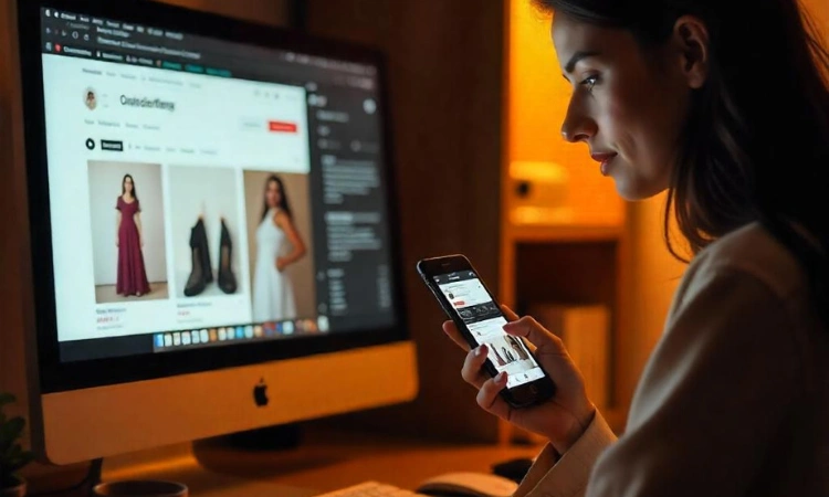 Mujer comprando ropa online desde su celular y PC al mismo tiempo.