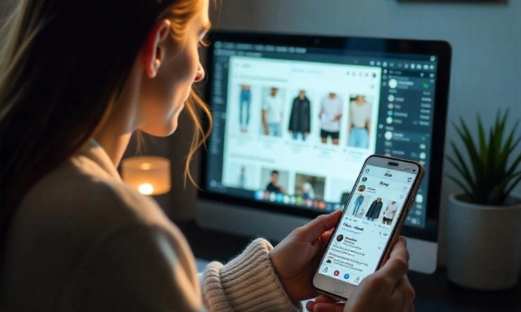 Mujer explorando una tienda online desde su celular y computadora.