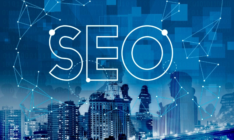 Palabra SEO sobre una ciudad digital con redes de datos y conexiones virtuales.