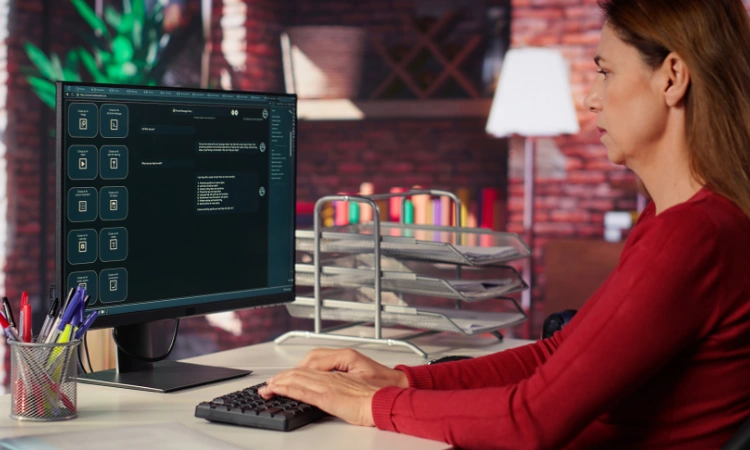 Profesional gestionando contenido web desde un sistema CMS en un entorno de oficina moderna.