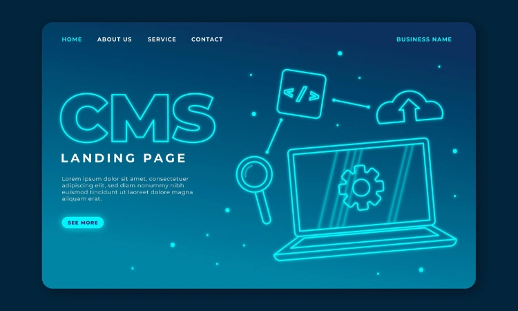 Diseño ilustrado de una interfaz CMS para crear y gestionar sitios web fácilmente.