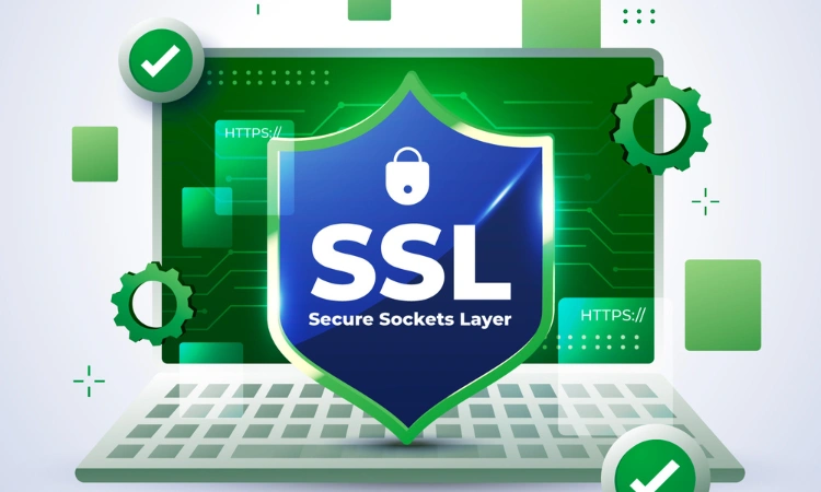 Certificado SSL protegido con escudo frente a una computadora con conexión segura HTTPS.