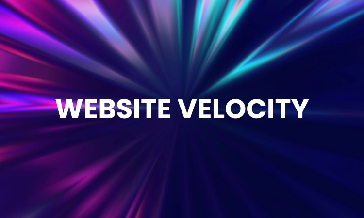 Fondo dinámico con haces de luz en tonos morados, azules y rosas, con el texto "Website Velocity" en el centro.