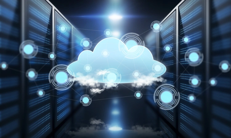 Centro de datos con nube digital y conexiones en servidores, representando tecnología en la nube y almacenamiento en línea.