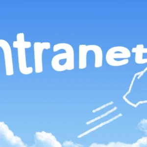 Ilustración de la palabra "Intranet" en letras grandes, con una mano haciendo clic, sobre un fondo de cielo con nubes, simbolizando acceso y conectividad segura.