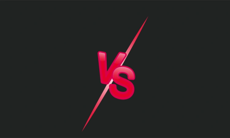 Ilustración minimalista con letras VS rojas separadas por una línea diagonal, simbolizando comparación o enfrentamiento.