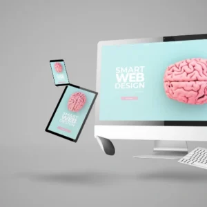 Diseño web inteligente mostrado en computadora, tablet y celular con cerebro rosa en pantalla.