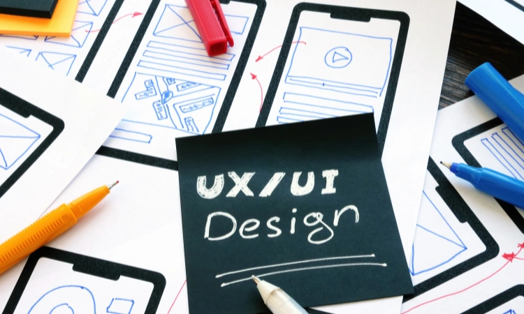 Bocetos de diseño UX/UI para aplicaciones móviles sobre una mesa con marcadores.