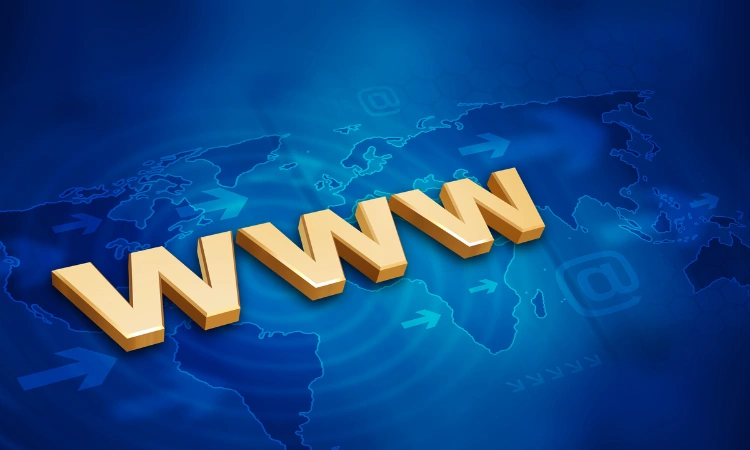 Símbolo de "www" en 3D sobre un mapa mundial digital, representando presencia en línea y sitios web.