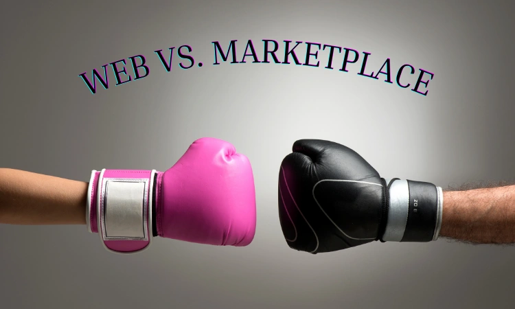 Guantes de boxeo enfrentados representando la competencia entre tienda online propia y marketplace.
