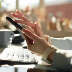 Mujer trabajando en oficina mientras usa teléfono móvil y teclado.