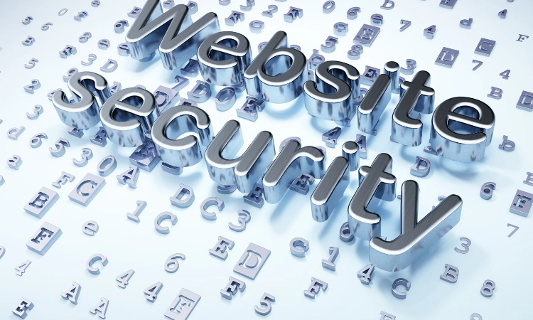 Seguridad en sitios web representada con letras y números en 3D.