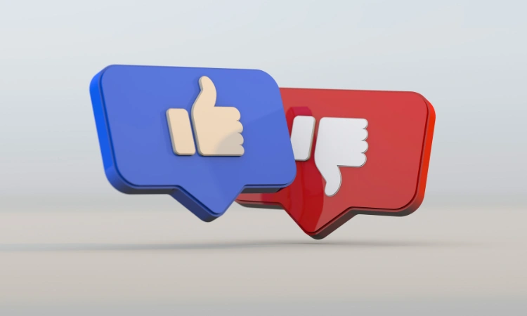 Iconos 3D de pulgar arriba y pulgar abajo para representar opiniones positivas y negativas en redes sociales.