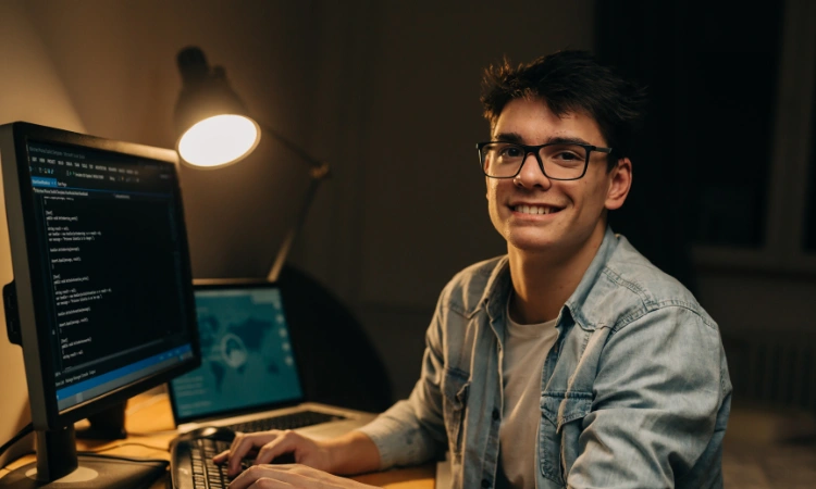 Joven programador trabajando en su computadora en una oficina con iluminación de escritorio.