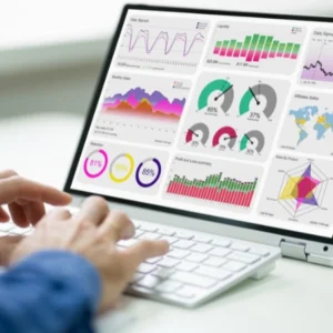 Persona analizando gráficos y datos en una computadora portátil, representando análisis de datos y métricas digitales.