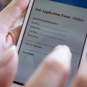 Imagen de una persona completando un formulario de solicitud de empleo en un teléfono móvil, con enfoque en los datos personales y una interfaz digital.