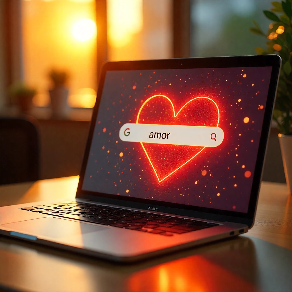 Pantalla de laptop con corazón de neón rojo y búsqueda en Google de la palabra "amor", en un ambiente cálido y acogedor.
