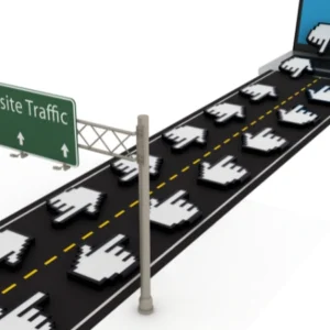 Ilustración de una carretera con iconos de cursor tipo ratón, simbolizando el aumento del tráfico web y la interacción digital.
