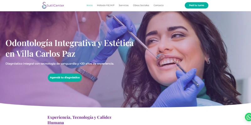 Diseño de sitio web profesional para clínica odontológica SutilCenter, desarrollo de landing page moderna con WordPress y Elementor enfocada en conversión y SEO local.